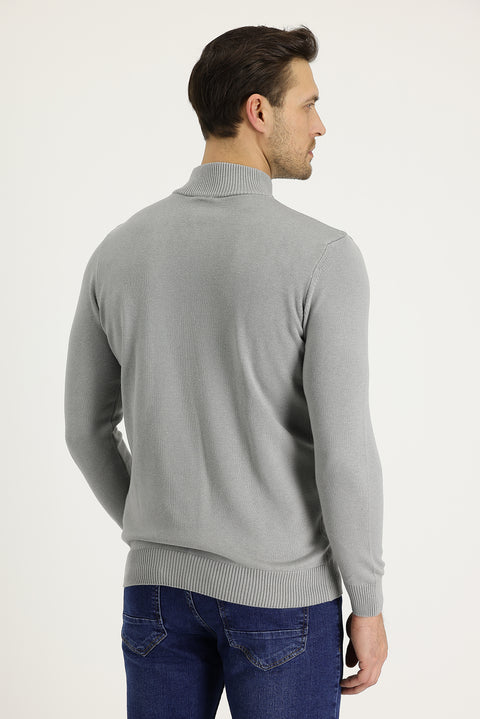 Light Grey Melange Semi-Turtleneck Slim Fit Narrow Cut Zipper Embroidered Cotton Knit Sweater
