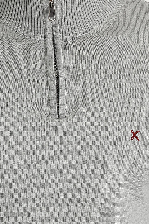 Light Grey Melange Semi-Turtleneck Slim Fit Narrow Cut Zipper Embroidered Cotton Knit Sweater