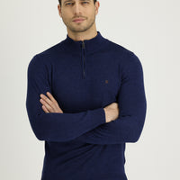 Medium Navy Melange Semi-Turtleneck Slim Fit Narrow Cut Zippered Embroidered Cotton Knit Sweater