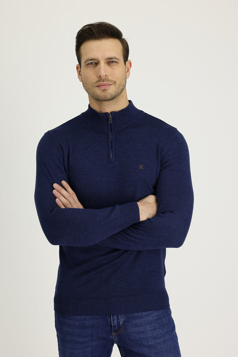 Medium Navy Melange Semi-Turtleneck Slim Fit Narrow Cut Zippered Embroidered Cotton Knit Sweater