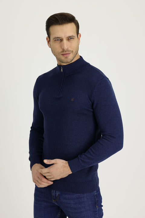 Medium Navy Melange Semi-Turtleneck Slim Fit Narrow Cut Zippered Embroidered Cotton Knit Sweater