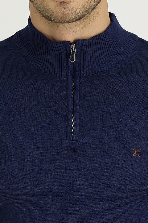 Medium Navy Melange Semi-Turtleneck Slim Fit Narrow Cut Zippered Embroidered Cotton Knit Sweater