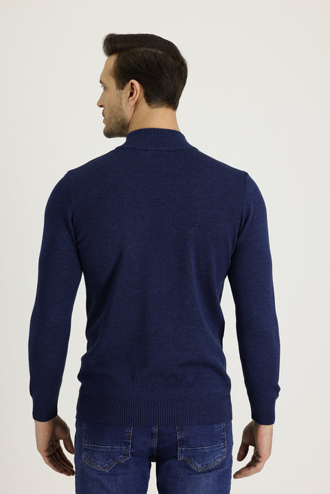 Medium Navy Melange Semi-Turtleneck Slim Fit Narrow Cut Zippered Embroidered Cotton Knit Sweater