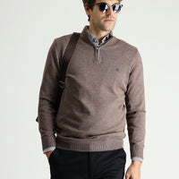 Light Brown Melange Boat Neck Slim Fit Knit Sweater