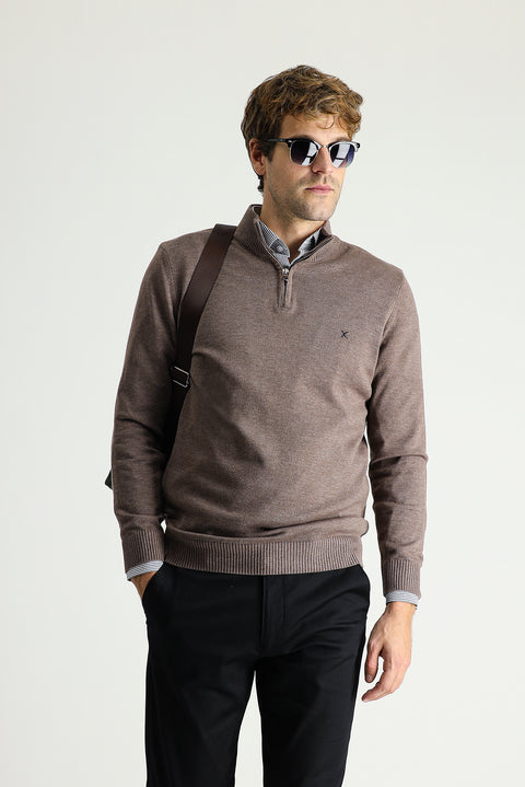 Light Brown Melange Boat Neck Slim Fit Knit Sweater