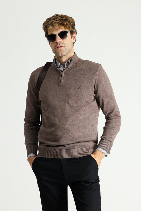 Light Brown Melange Boat Neck Slim Fit Knit Sweater