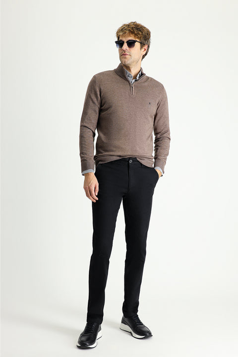 Light Brown Melange Boat Neck Slim Fit Knit Sweater