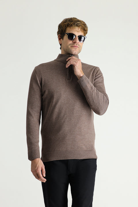 Light Brown Melange Boat Neck Slim Fit Knit Sweater