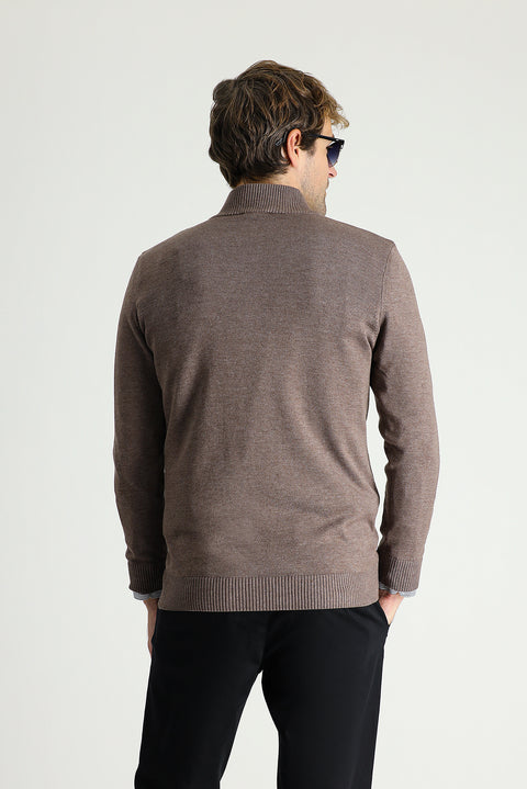 Light Brown Melange Boat Neck Slim Fit Knit Sweater