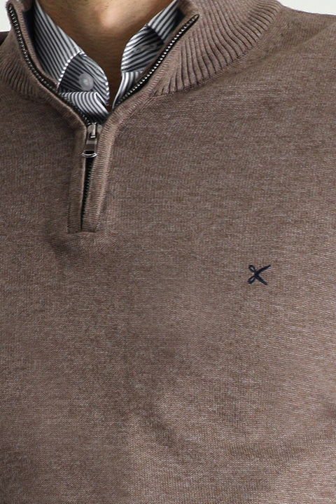 Light Brown Melange Boat Neck Slim Fit Knit Sweater