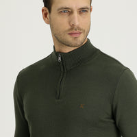 Military Khaki Half Turtleneck Slim Fit Narrow Cut Zippered Embroidered Cotton Knit Sweater
