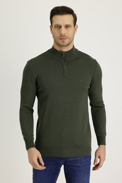 Military Khaki Half Turtleneck Slim Fit Narrow Cut Zippered Embroidered Cotton Knit Sweater