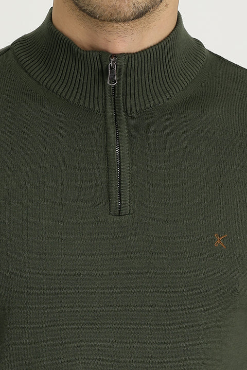 Military Khaki Half Turtleneck Slim Fit Narrow Cut Zippered Embroidered Cotton Knit Sweater
