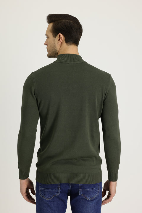 Military Khaki Half Turtleneck Slim Fit Narrow Cut Zippered Embroidered Cotton Knit Sweater