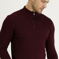 Dark Burgundy Semi-Turtleneck Slim Fit Narrow Cut Zippered Embroidered Cotton Knit Sweater