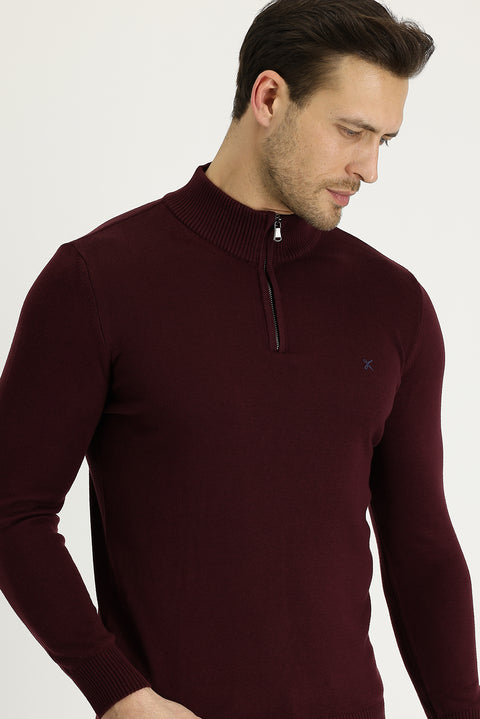 Dark Burgundy Semi-Turtleneck Slim Fit Narrow Cut Zippered Embroidered Cotton Knit Sweater