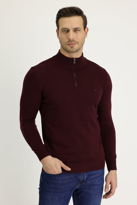 Dark Burgundy Semi-Turtleneck Slim Fit Narrow Cut Zippered Embroidered Cotton Knit Sweater