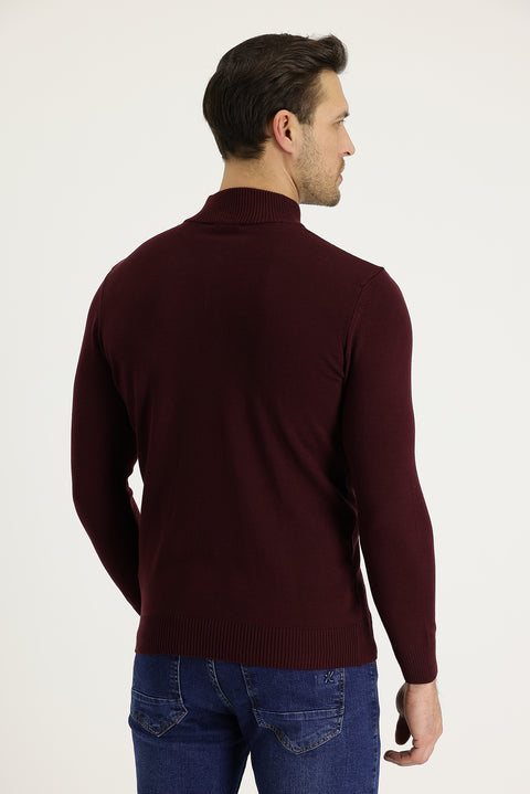 Dark Burgundy Semi-Turtleneck Slim Fit Narrow Cut Zippered Embroidered Cotton Knit Sweater