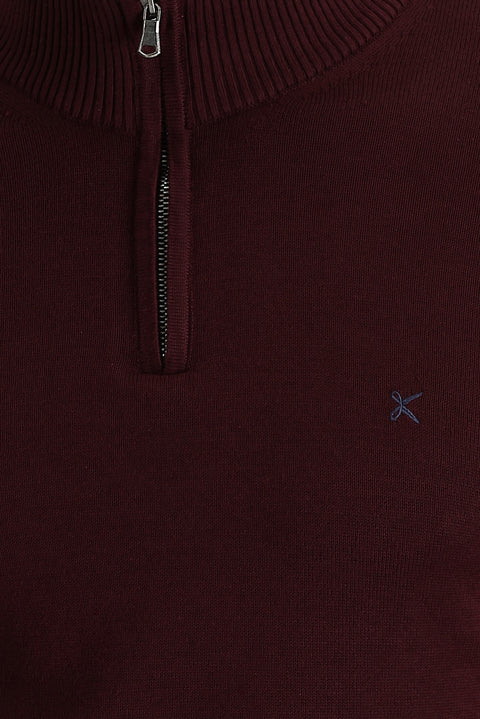 Dark Burgundy Semi-Turtleneck Slim Fit Narrow Cut Zippered Embroidered Cotton Knit Sweater