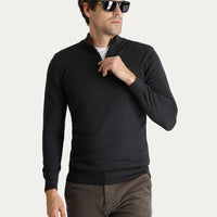 Dark Anthracite Semi-Turtleneck Slim Fit Narrow Cut Zip-Up Embroidered Cotton Knit Sweater