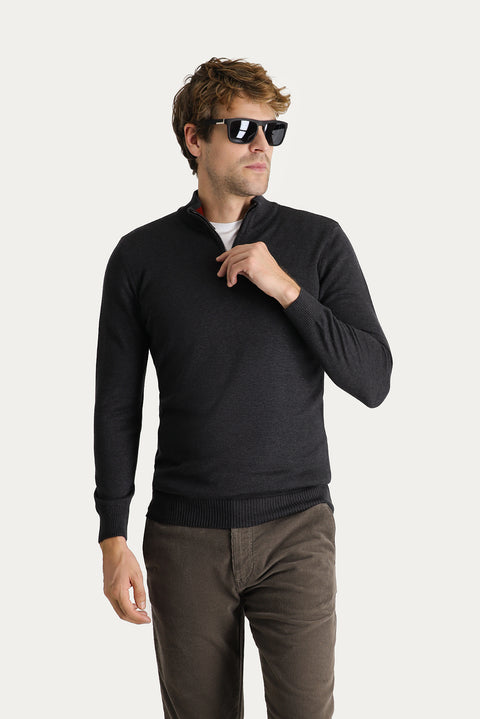 Dark Anthracite Semi-Turtleneck Slim Fit Narrow Cut Zip-Up Embroidered Cotton Knit Sweater