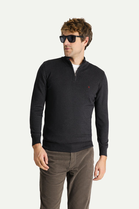 Dark Anthracite Semi-Turtleneck Slim Fit Narrow Cut Zip-Up Embroidered Cotton Knit Sweater