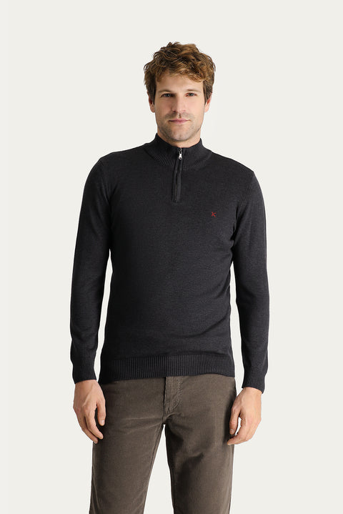 Dark Anthracite Semi-Turtleneck Slim Fit Narrow Cut Zip-Up Embroidered Cotton Knit Sweater
