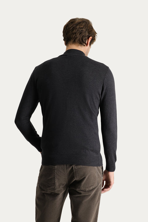 Dark Anthracite Semi-Turtleneck Slim Fit Narrow Cut Zip-Up Embroidered Cotton Knit Sweater