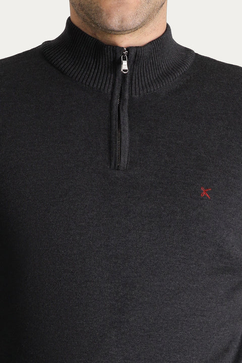Dark Anthracite Semi-Turtleneck Slim Fit Narrow Cut Zip-Up Embroidered Cotton Knit Sweater