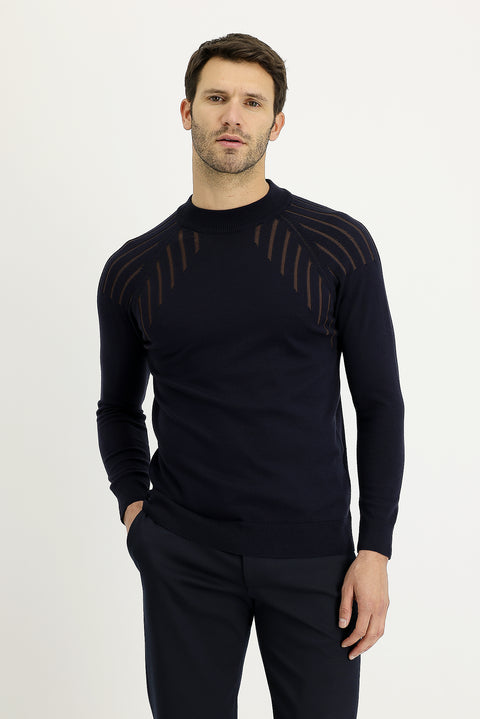 Dark Navy Semi-Turtleneck Regular Fit Patterned Knit Sweater