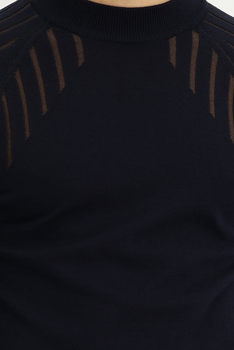 Dark Navy Semi-Turtleneck Regular Fit Patterned Knit Sweater