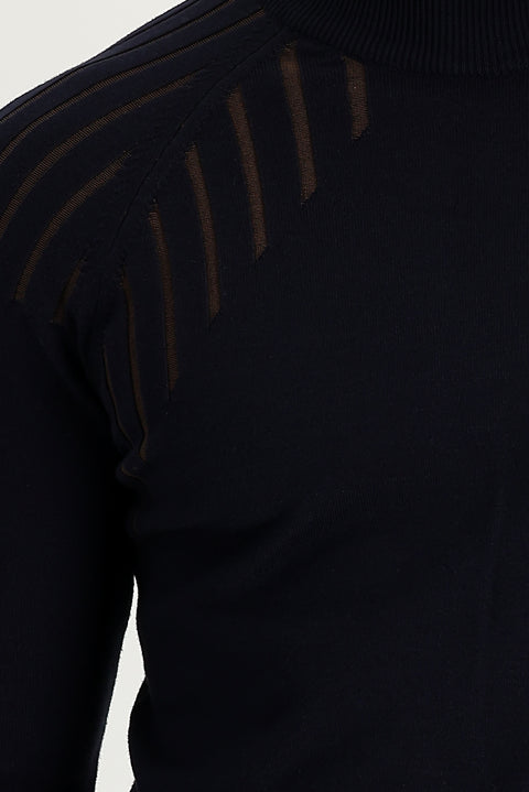 Dark Navy Semi-Turtleneck Regular Fit Patterned Knit Sweater