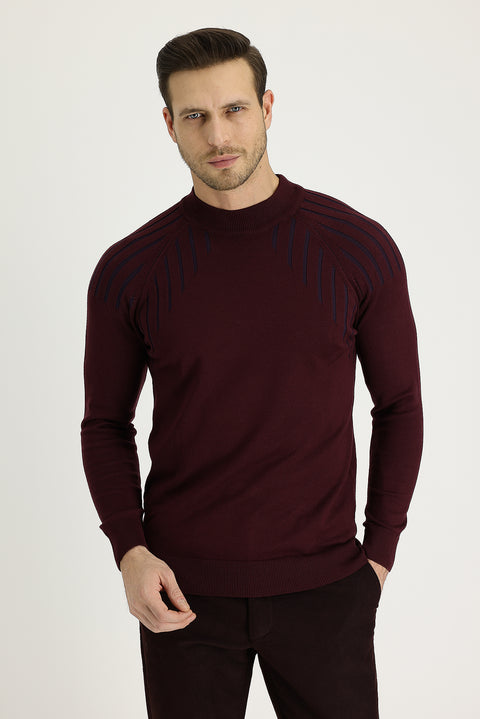 Dark Burgundy Half Turtleneck Regular Fit Patterned Knit Sweater