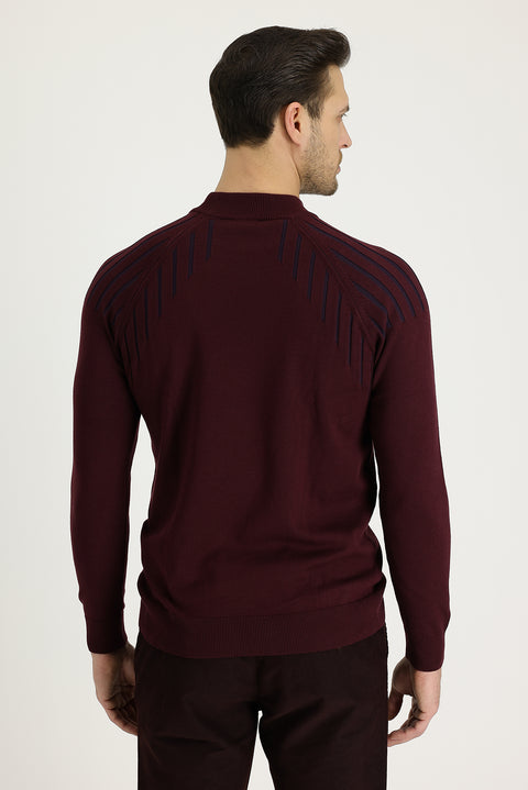 Dark Burgundy Half Turtleneck Regular Fit Patterned Knit Sweater