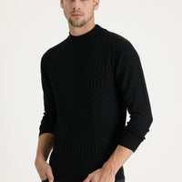 Black Half Turtleneck Regular Fit Patterned Knit Sweater