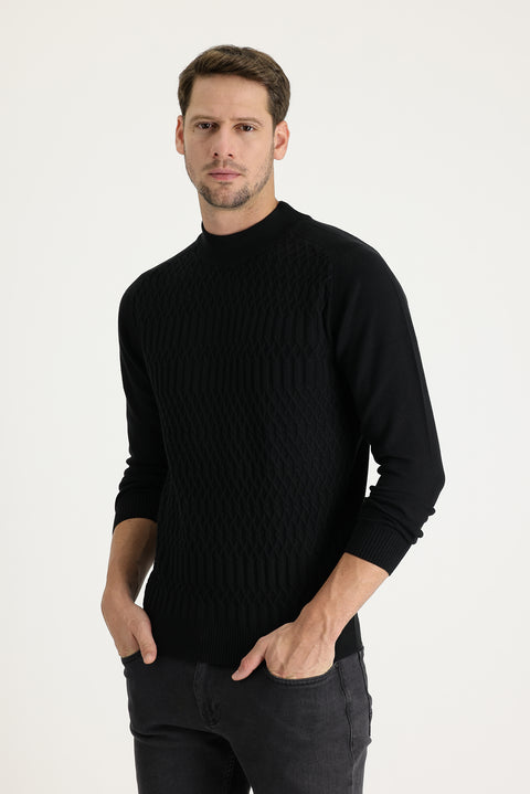 Black Half Turtleneck Regular Fit Patterned Knit Sweater
