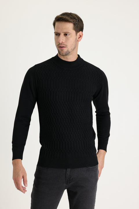 Black Half Turtleneck Regular Fit Patterned Knit Sweater