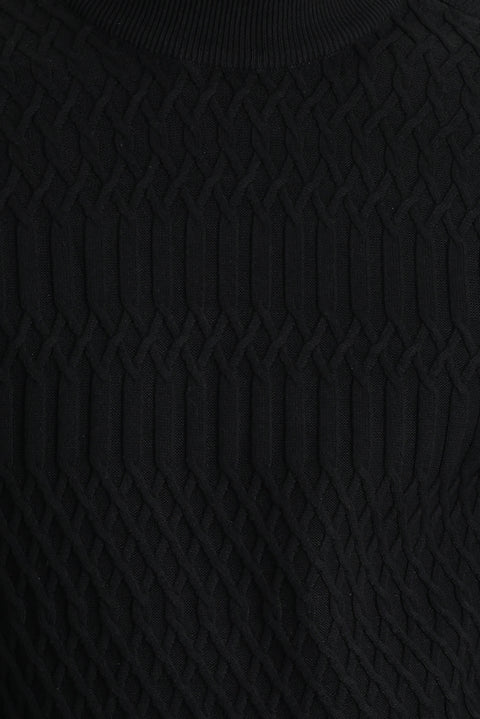 Black Half Turtleneck Regular Fit Patterned Knit Sweater
