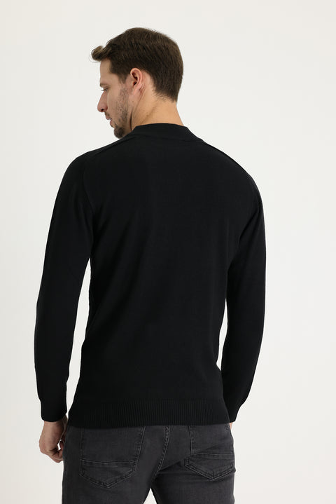 Black Half Turtleneck Regular Fit Patterned Knit Sweater