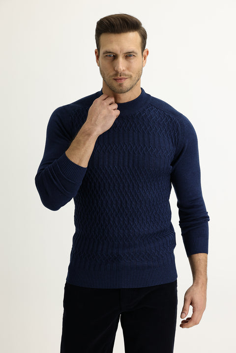 Dark Petrol Half Turtleneck Patterned Knit Sweater