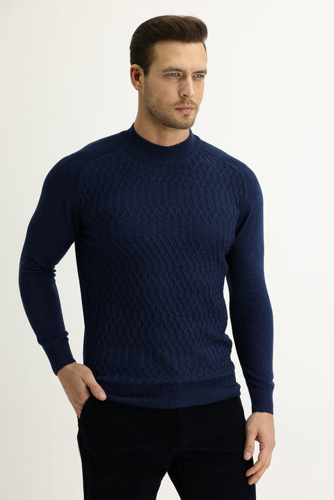 Dark Petrol Half Turtleneck Patterned Knit Sweater