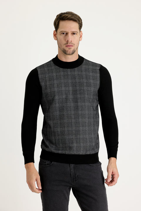 Black Half Turtleneck Regular Fit Patterned Knit Sweater