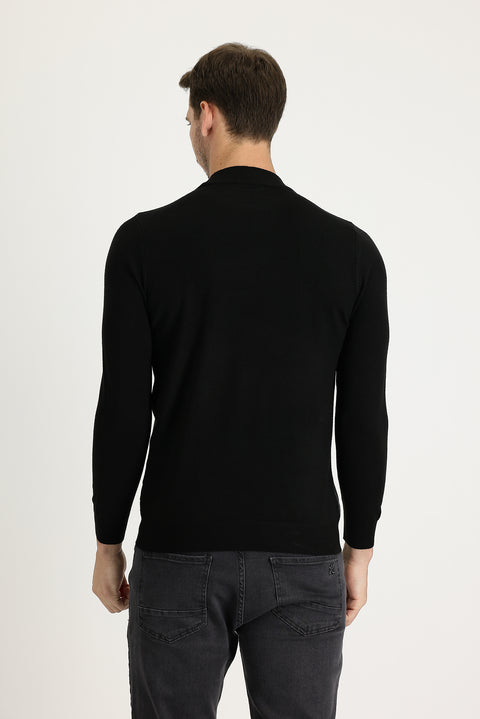 Black Half Turtleneck Regular Fit Patterned Knit Sweater