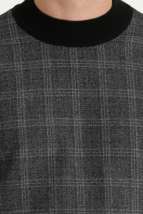 Black Half Turtleneck Regular Fit Patterned Knit Sweater