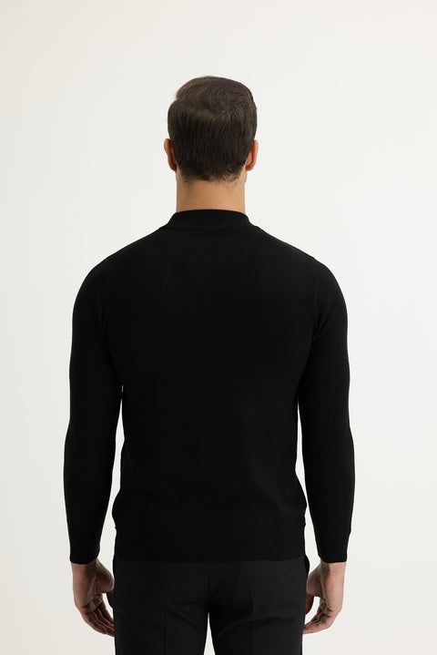 Black Half Turtleneck Regular Fit Patterned Knit Sweater