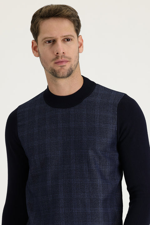 Medium Navy Half Turtleneck Regular Fit Patterned Knit Sweater