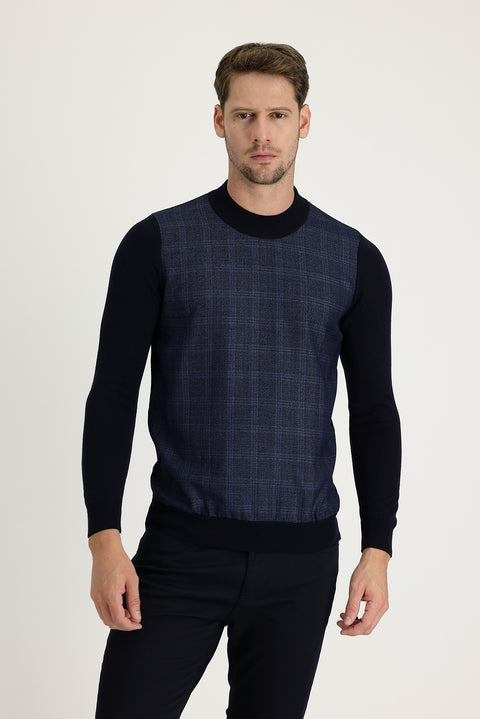 Medium Navy Half Turtleneck Regular Fit Patterned Knit Sweater