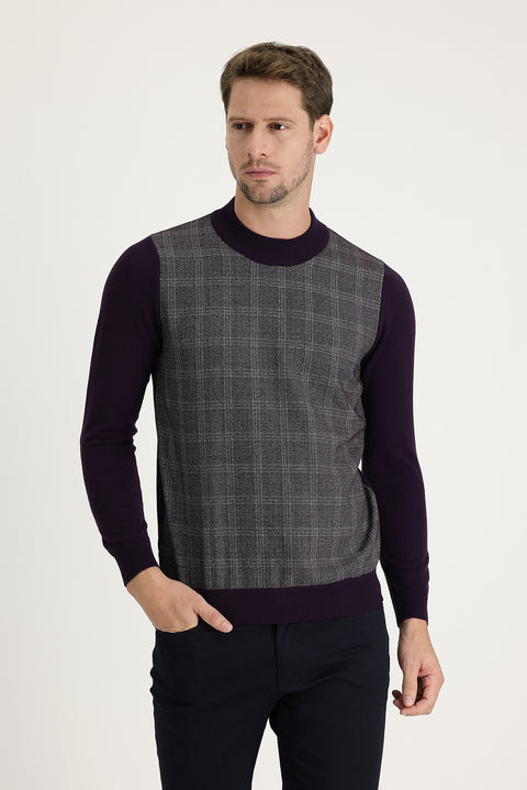 Medium Purple Semi-Turtleneck Regular Fit Patterned Knit Sweater