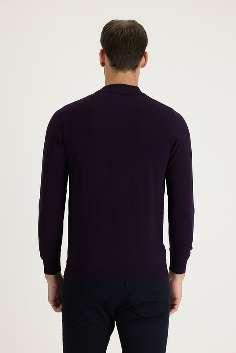 Medium Purple Semi-Turtleneck Regular Fit Patterned Knit Sweater