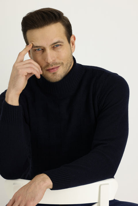 Medium Navy Turtleneck Regular Fit Wool Patterned Knit Sweater